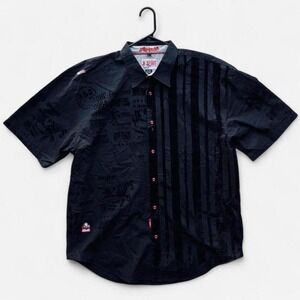 Akademiks Short‎ Sleeve Shirt 2XL Black Button Down Red Stitch Y2K Streetwear
